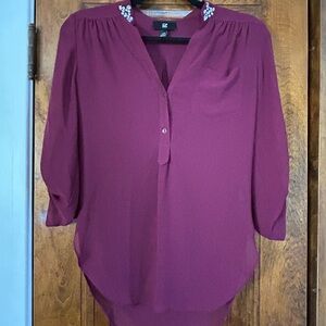 Iz Byer Plum Blouse with Embellished Neckline